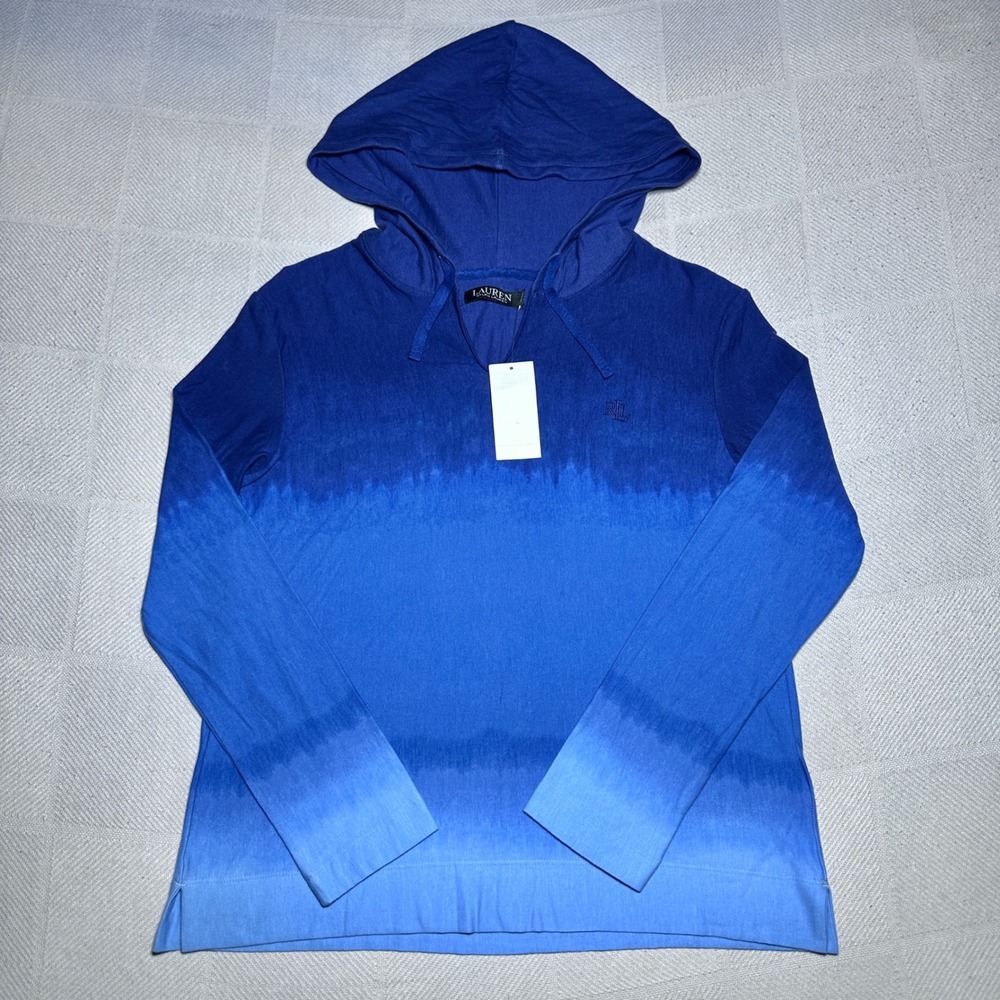NEW Lauren Ralph Lauren Hoodie Shirt Womens Small Ombre Dip Dye V-Neck Blue